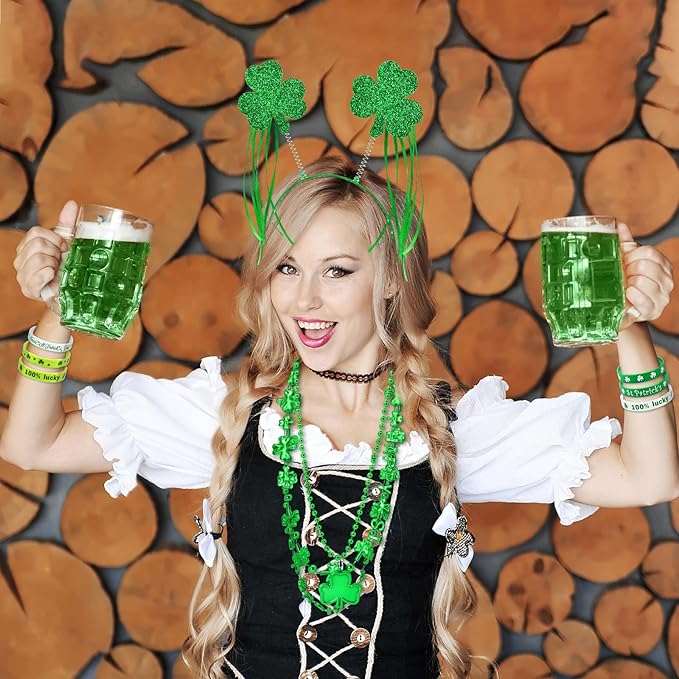 24 Pcs St. Patrick's Day Party Favor Set with 6 Pcs Shamrock Headbands, 12 Pcs Lucky Silicone Bracelets, and 6 Pcs Clover Necklaces Accessories for St. Paddy's Irish Decorations and Celebrations