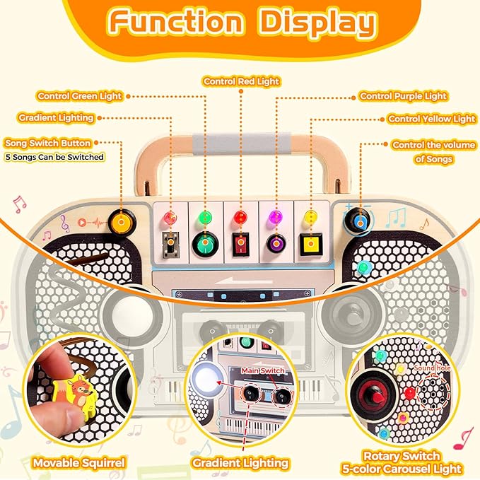 Busy Board Toys for 1 2 3 4 Year Old, Wooden Sensory Sensory Toy with Musical LED Lights Switches Motor Skills Developmental Early Educational Travel Baby 12-18 Month Toddler Birthday Gifts