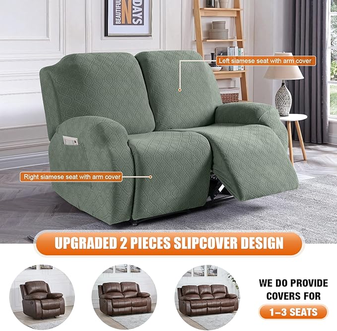VANSOFY Recliner Cover, 2-Pieces Stretch Reclining Couch Cover with Pockets Loveseat Sofa Slipcovers Soft Washable Furniture Protector for Dogs Cats(Bean Green)