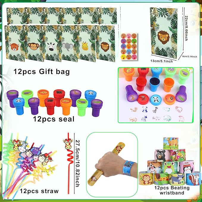 158PCS Jungle Safari Party Favors Set – Wild Animals Goodie Bag Stuffers, Masks, Straws, Stamps, Keychains, Gift Bags, Assembly Toys for Kids Birthday Party, Boys & Girls Party Favors