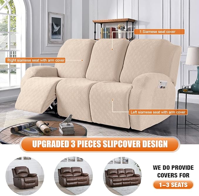 VANSOFY Recliner Cover, 3-Pieces Stretch Reclining Couch Covers with Pockets Reclining Sofa Slipcovers 3 Seater Soft Washable Furniture Protector for Dogs Cats(Cream)