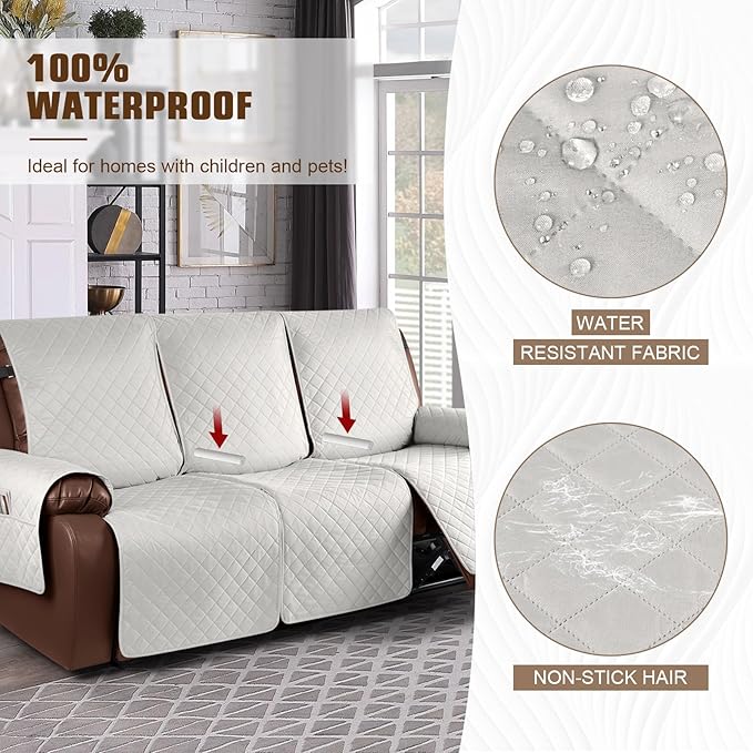 KinCam 100% Waterproof Recliner Sofa Covers, Non-Slip Reclining Couch Covers for 3 Seat, Recliner Couch Cover Furniture Protector with Elastic Straps for Pets, Kids, Beige White