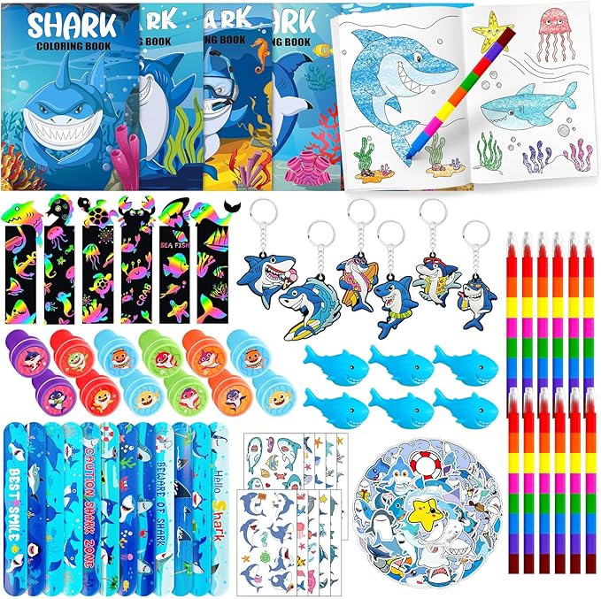 146Pcs Baby Shark Party Favors for Toddlers Kids 4-8 Under The Sea Animals Coloring Books with Crayons Bulk Birthday Supplies Tattoo Stickers Stamper Bracelets School Classroom Reward Gift Goodie Bags