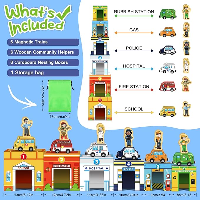 Aizweb Stacking Toys for Toddlers,Sorting Blocks Magnetic Wooden Cars Cardboard Vehicles Educational Preschool Kindergarten Learning Montessori Toys for 1 2 3 Year Old Boys Girls