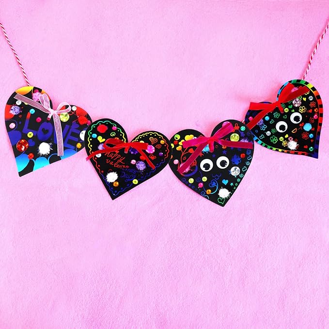 27 Sets Magic Color Scratch Paper Heart Ornaments Bookmarks Valentine Craft Kits Scratch Paper Heart Cutouts Pom-poms Googly Eyes for Kids Activity Art Project Valentine Party Favor Tree Decoration
