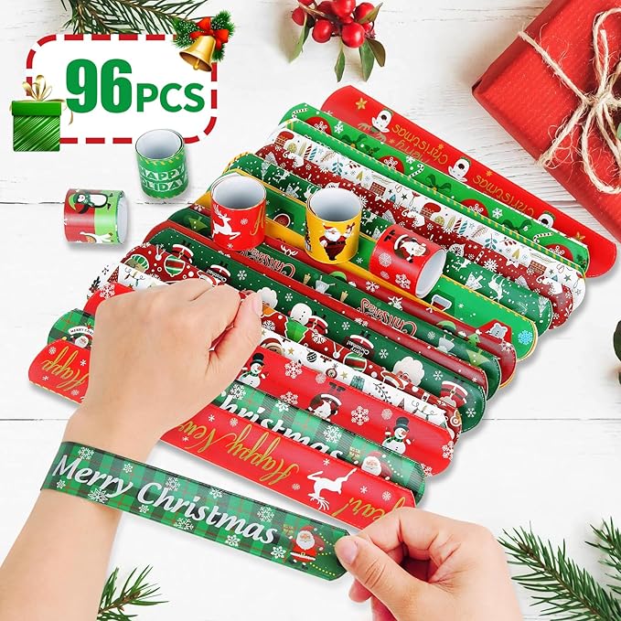 96 PCS Christmas Party Favors for Kids Bulk，Treats Bags Slap Bracelets Holiday Slap Bracelet Trinkets for kids School Classroom Students ，Goody Goodies Bag Stocking Stuffers Gifts Toys Xmas Gift