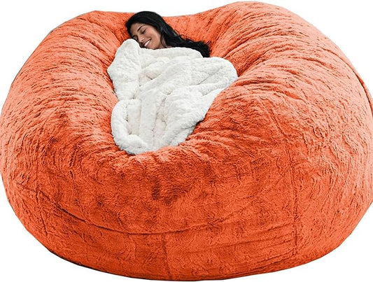 Bean Bag Chair Cover for Kids Adults(Cover Only,No Filler),Big Round Soft Fluffy PV Velvet Washable Lazy Sofa Bed Cover for Adults,Living Room Bedroom Furniture Outside Cover (Orange, 6FT)