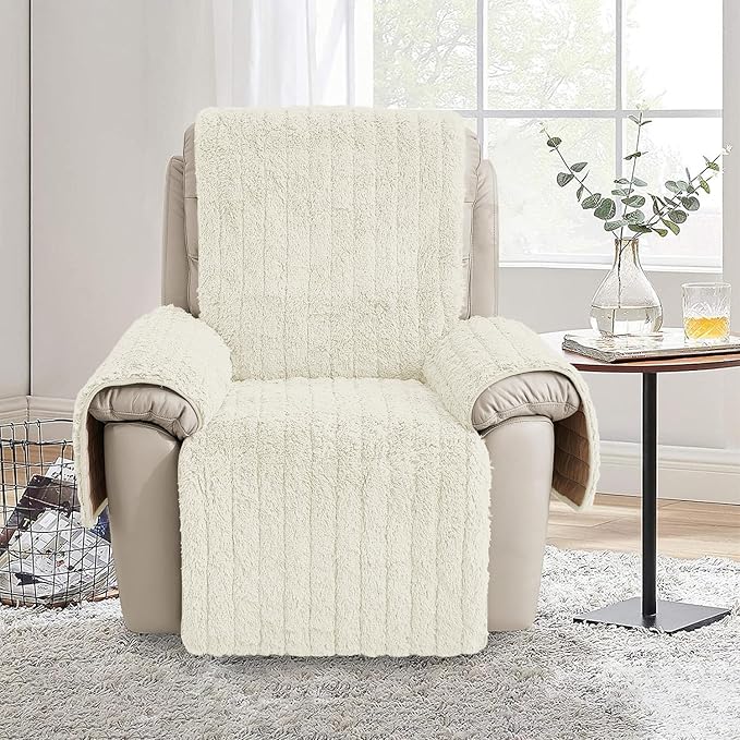 RBSC Home Plush Recliner Slipcover Chair Covers Artificial Wool Lazy Boy Cover Quilted Cover for Recliner Chairs and Furniture (Ivory, 30")