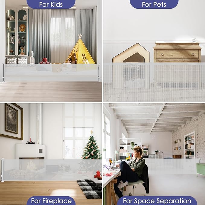 145 Inch Extra Long Baby Gate Retractable Dog Gate Outdoor Retractable Gate Indoor Retractable Baby Gate for Extra Wide Openings Retractable Pet Gate Retractable Fence for Doorways, Decks, Light Gray