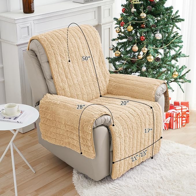 RBSC Home Plush Recliner Slipcover 23 Inches Beige Chair Covers Artificial Wool Lazy Boy Cover Quilted Cover for Recliner Chairs and Furniture Soft Warm