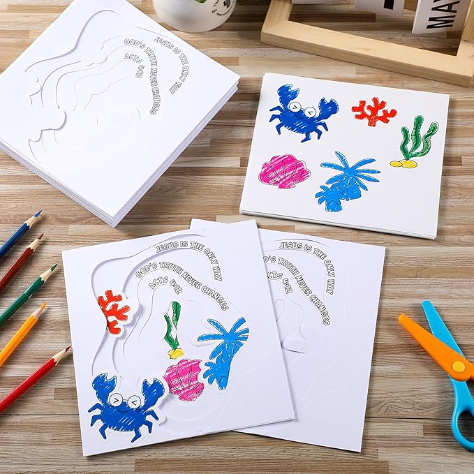 Affrolling 24 Sets Kids VBS 2025 Broken Rock Beach Tide Pool Book Craft Pack Bible Craft Books Christian Bible Stories Coloring Book for Kids Activity Bible Theme DIY Art Drawing Book Game School