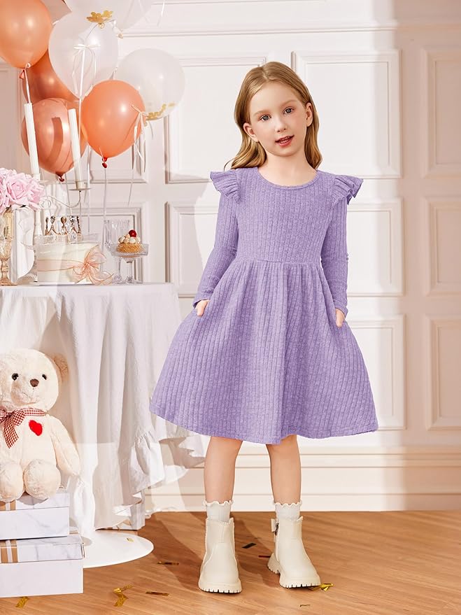 Arshiner Toddler Girl Dress Baby Girls Knitted Ruffle Sleeve Pocket Dresses A-Line Flared Fall Winter Clothes for 2-8 Years