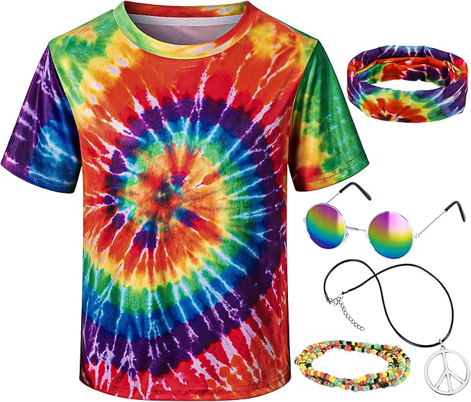 Kids Hippie Costume for Boys Girls 60s 70s T-Shirt 5Pcs Set for Halloween Party 3-12 Years