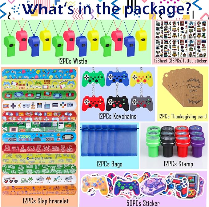 134 Pcs Video Game Party Favors, Includes Video Game Slap Bracelet Keychain Stamper Whistle Mesh Bag Card Stickers Tattoos for Kids Gaming Party Favors Birthday Goodie Bag Fillers