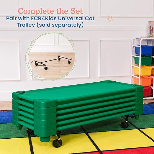 ECR4Kids Stackable Kiddie Cot, Ready-to-Assemble, Standard Size, Classroom Furniture, Green, 6-Pack