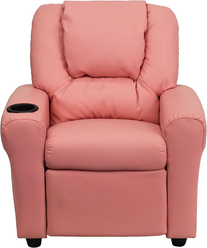 Flash Furniture Vana Vinyl Kids Recliner with Cup Holder, Headrest, and Safety Recline, Contemporary Reclining Chair for Kids, Supports up to 90 lbs., Pink
