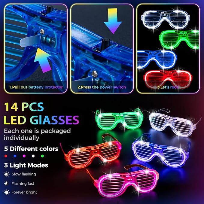 238 PCS Glow in the Dark Party Supplies, 24 PCS Glow Fiber Optic Wands, 14 PCS LED Glasses and 100 PCS Glow Sticks, 100 PCS Connectors, New Year Party Favors for Concert, Raves Birthday