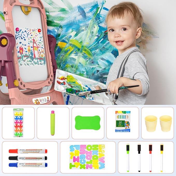 Kids Art Easel, Adjustable Drawing White Board & Chalk Board, Toddler Standing Easel with Painting Accessories, Gift for Girls Boy (Orange)