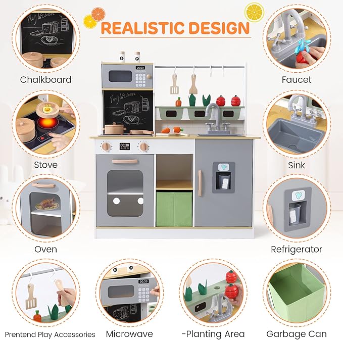 Wooden Play Kitchen, Farm to Kitchen Set, Kids Kitchen Toys with Cookware Accessories, Kitchen Play for Boys and Girls