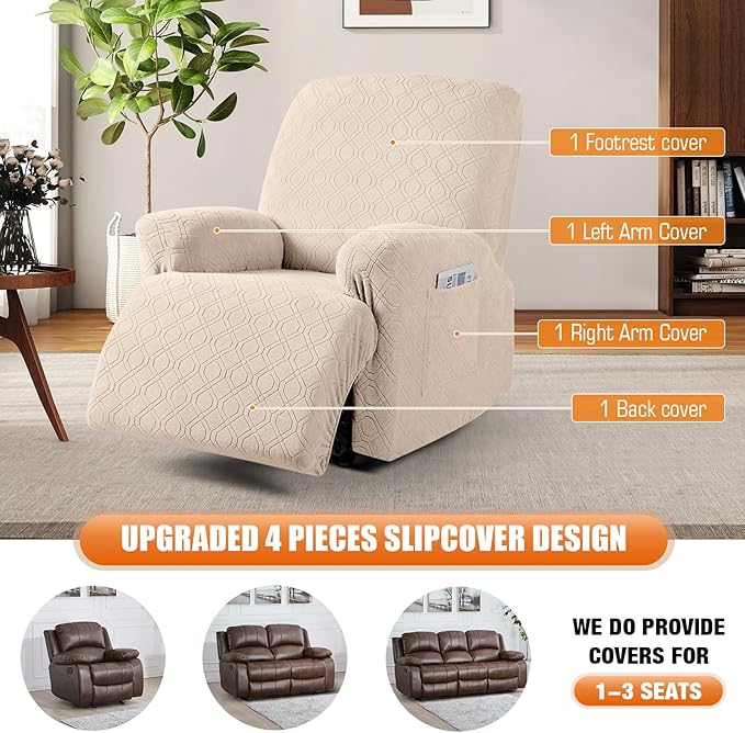 VANSOFY Oversized Recliner Chair Cover, 4-Pieces Stretch Recliner Covers for Recliner Chair Soft Reclining Chair Slipcover Jacquard Pattern Furniture Protector for Dogs Cats(Cream)