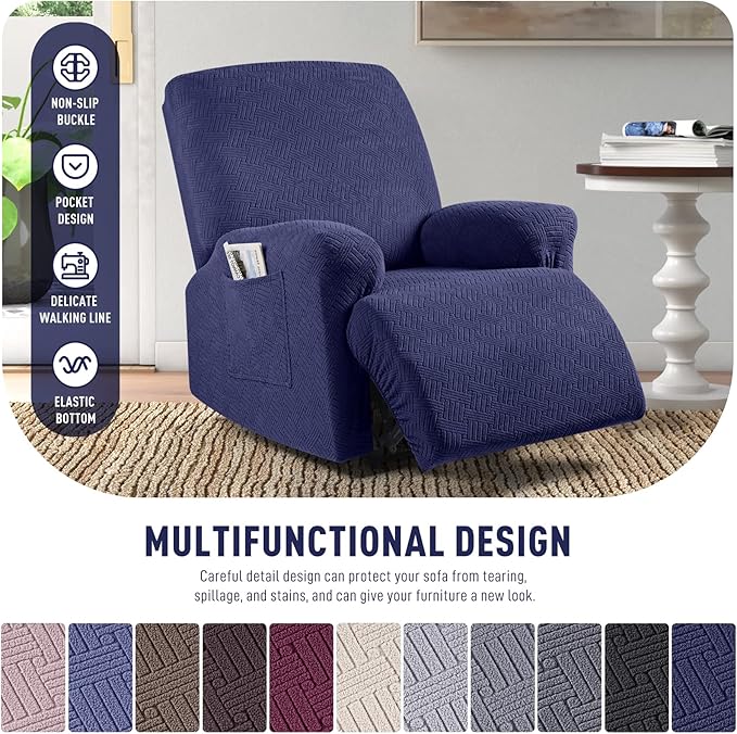 KinCam Recliner Covers, Stretch Reclining Chair Covers, Recliner Sofa Slipcovers Stripe Jacquard Recliner Couch Covers Furniture Protector Covers for Pet Kid (1 Seater, Dark Blue)