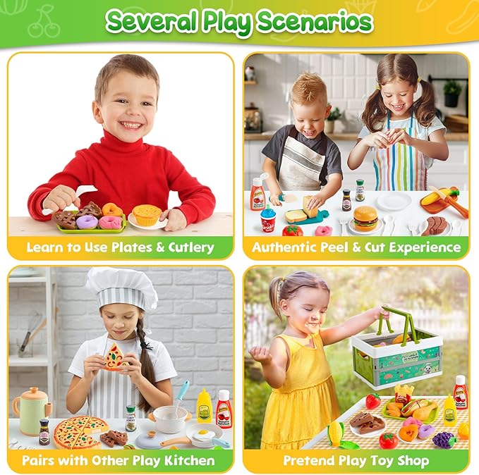 78Pc Pretend Play Food for Kids Kitchen, Cutting Toy Food with Storage Basket, Play Kitchen Accessories, Food Toys with Veggies, Fruits, Fake Food with Pizza Toy, Pretend Food, Boys Girls Gift