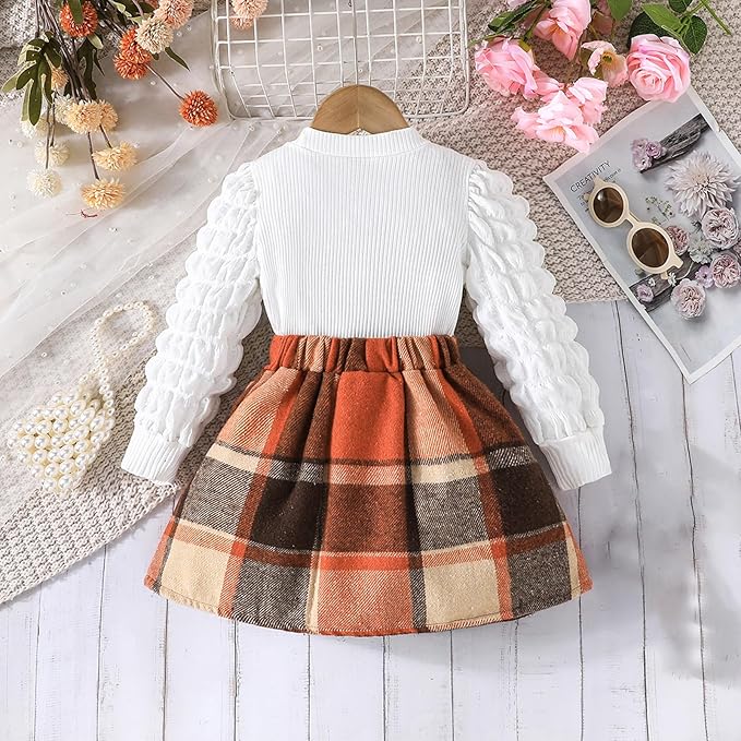 Fernvia Toddler Baby Girl Fall Winter Skirt Set Turtleneck Ribbed Long Sleeve T-Shirt Top & Plaid Skirts Dress 2Pcs Outfits