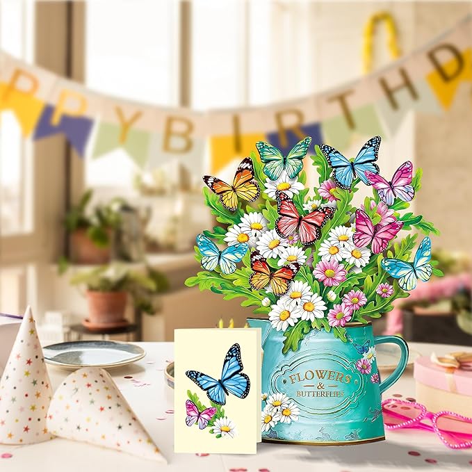 Airpark Pop Up Flower Cards, 3 Packs, Daisies and Butterflies,12inch Forever Flower Bouquet 3D Popup Greeting Cards with Blank Note Card and Envelope for Birthday, Easter, Mother's Day