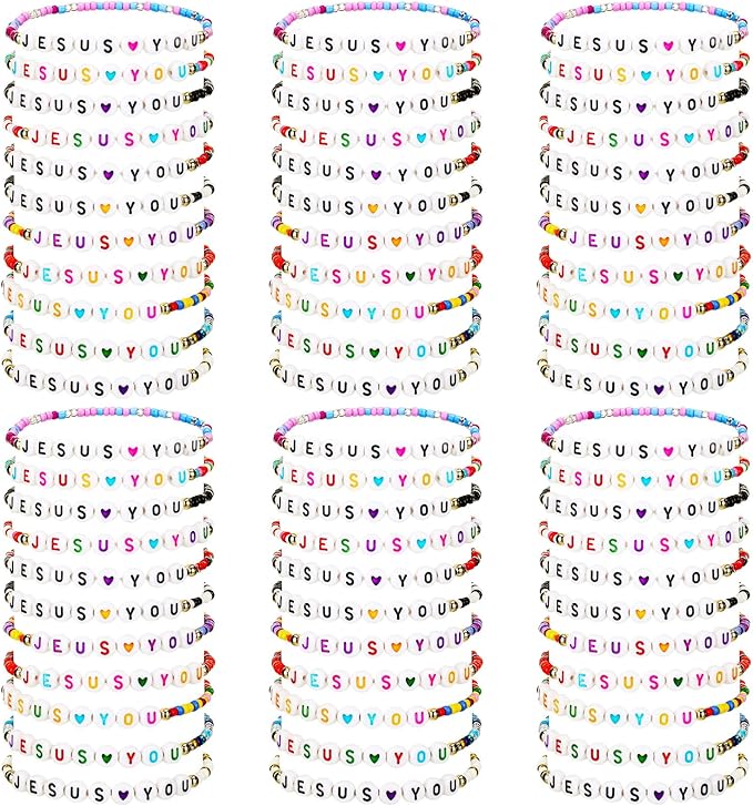 72 Pcs WWJD Bracelets Jesus You Christian Bracelets Bulk, Beaded Friendship Bracelet for Women Kid Colorful Religious Bracelets Inspirational Reminder Jewelry Gift(Jesus)