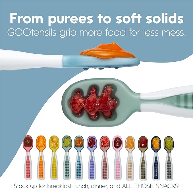 NumNum Baby Spoons Set, Pre-Spoon GOOtensils for Kids Aged 6+ Months - First Stage, Baby Led Weaning (BLW) Spoon - Self Feeding, Silicone Toddler Food Utensils - 2 Spoons, Olive/Navy