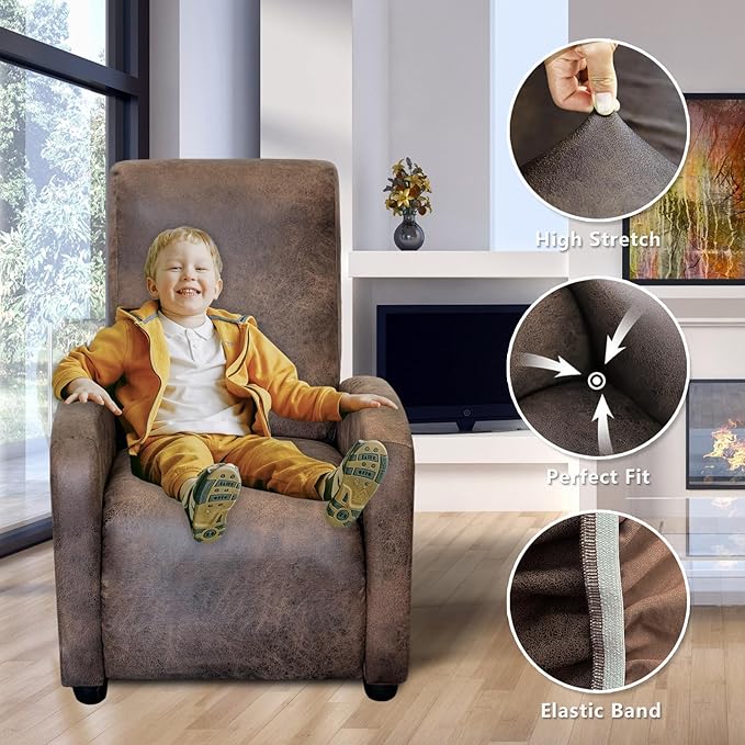 Recliner Chair Covers Leather Look Recliner Cover 4-Piece Slipcovers for Small Reclining Chair Furniture Protector for Kids Dogs Pets Spandex Fabric Washable (1 Small Seater, 02 Brown)