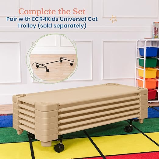 ECR4Kids Stackable Kiddie Cot, Ready-to-Assemble, Standard Size, Classroom Furniture, Sand, 6-Pack