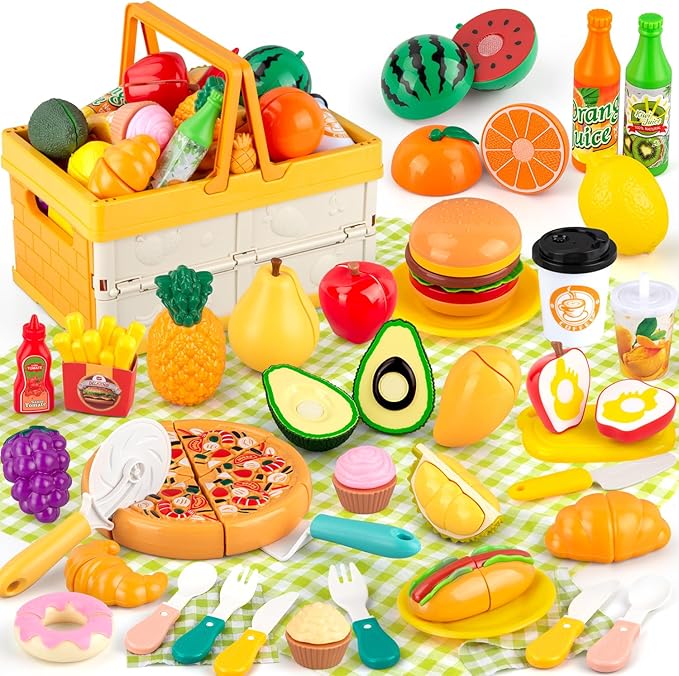 Play Food Sets for Kids Kitchen, Picnic Basket Toy Food Cutting Set with Cutlery and Blanket, Toddler Play Kitchen Accessories with Fruits, Juice, Fake Food with Pizza Toys for Boys Girls
