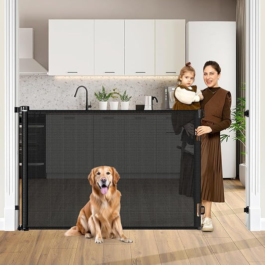 42" Tall X 80" Wide Retractable Baby Gates for Large Openings Extra Tall Dog Gates for Doorway Tall Retractable Pet Gate Tall Mesh Gates for Kids Long Dog Gate for Indoor/Outdoor (Black)