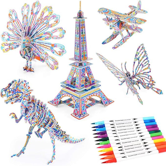 3D Coloring Puzzle Set, Arts and Crafts for Girls and Boys Age 6 7 8 9 10 11 12 Year Old, Fun Educational Painting Crafts Kit with Supplies for Kids, Birthday Toy Gift for Kids