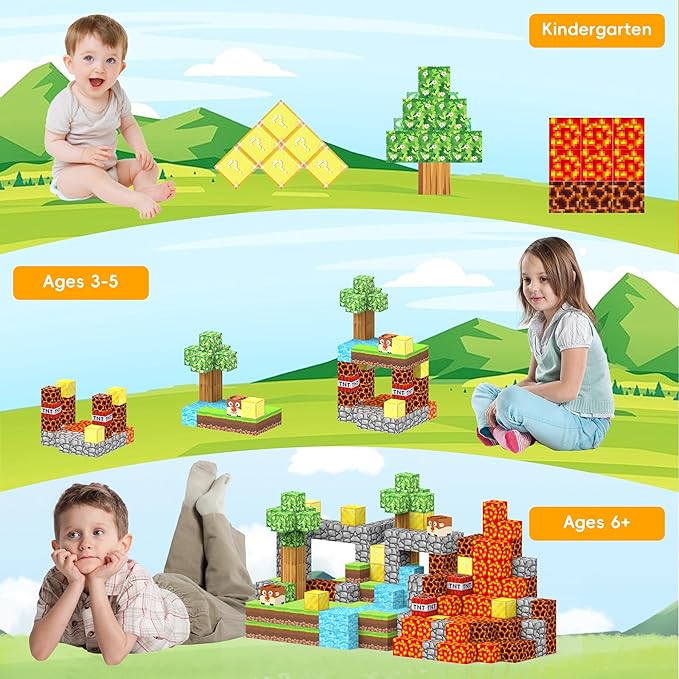 64PCS Magnetic Cubes- Build Magnet World Volcano Set, Educational Sensory Toys for Toddlers Kids, Construction Building Toys,Birthday Gifts for Boys Girls Aged 3-5 6-8 8-12