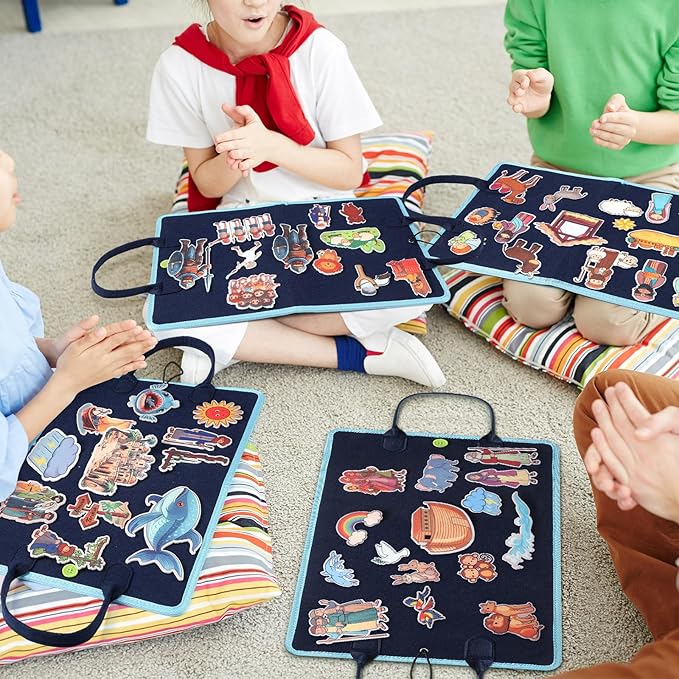 4 Pack Felt Board Bible Stories Set Flannel Board Stories Include Noah's Ark, Jonah and The Whale, David and Goliath, The Nativity of Jesus, 52 Pcs Precut Bible Felt Story Board for Kid