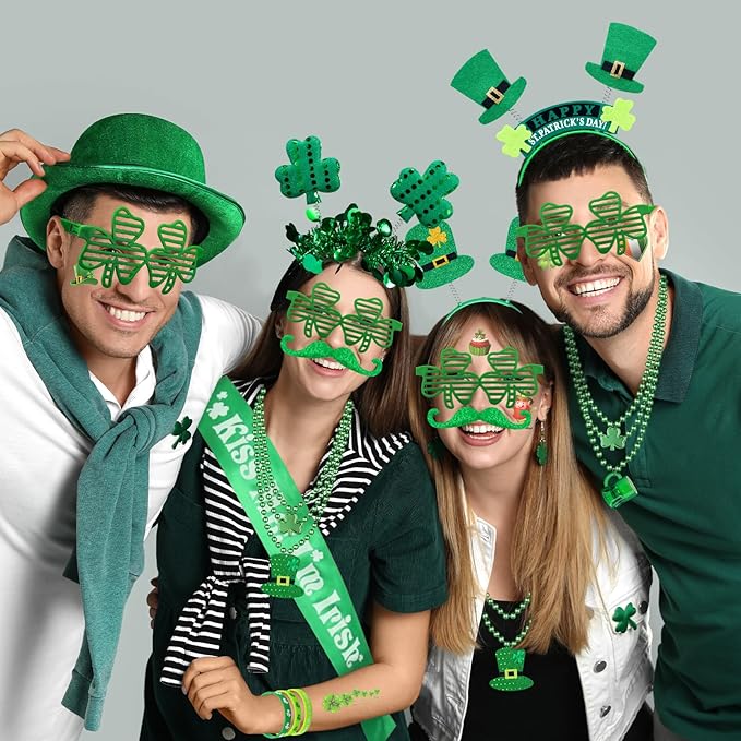 180Pcs St. Patrick's Day Accessories Party Favor Set, Tattoo Stickers, Necklaces, Bracelets, Shamrock Glasses, Headbands, Mustaches, Coins and Kiss Me I'm Irish Sash for Irish Party Supplies