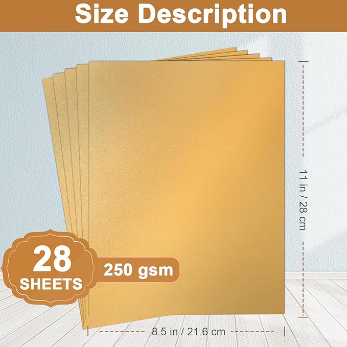 28 Sheets Shimmer Gold Cardstock 8.5 x 11 Metallic Paper, 250gsm/92lb Premium Glossy Paper Card Stock for DIY Cards Making, Anniversaries, Wedding Invitations, School Crafting, Greeting Cards