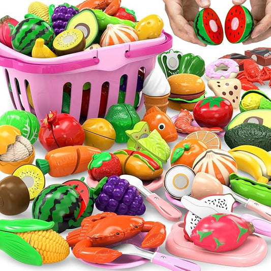 94 Pcs Cutting Play Food Set for Kid Kitchen (45 Items), Pretend Play Food with Shopping Basket, Fake Food Accessories with Fruit Vegetable Toy for Toddler, Educational Gift for Little Girl Birthday