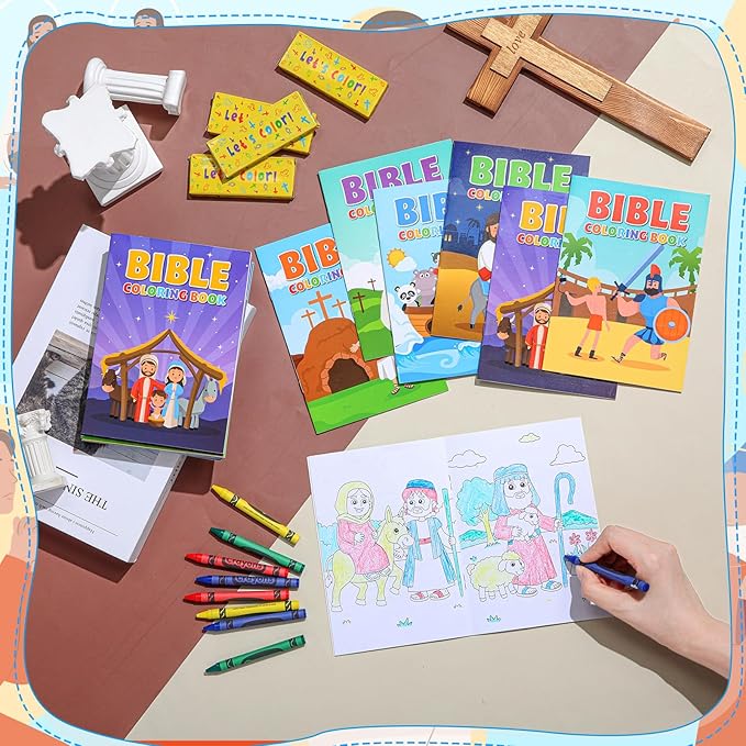 48 Set Bulk Bible Coloring Books with Crayons for Kids Chrismas Verse Religious Drawing Books Bulk Christian Story Activity Supplies, DIY Sunday School Crafts, Bible Party Favors Gifts