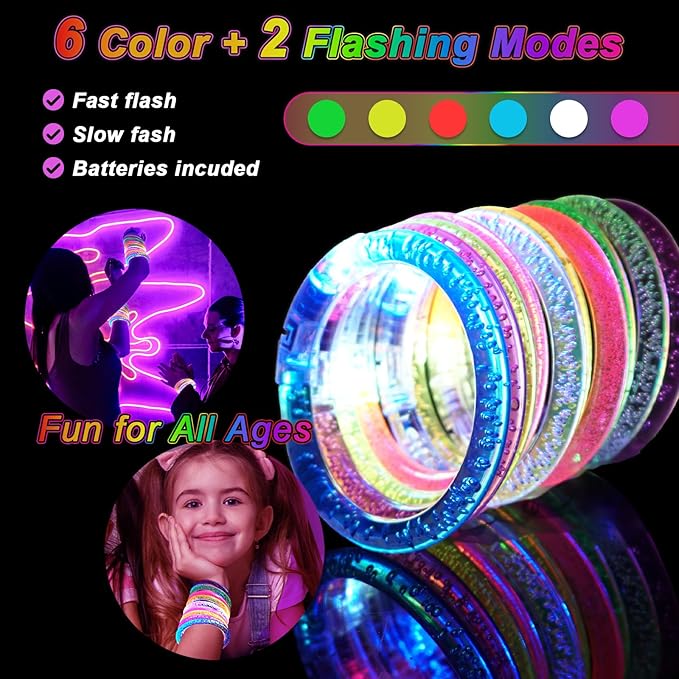 28 Pack Glow Bracelets, Glow in the Dark Party Supplies, 6 Color LED Light Up Bracelets for Adults & Kids Birthday Party Favors, Concert, New Year, Carnival, Raves