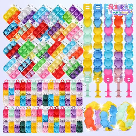 81 PCS Mini Pop Fidget Toys Pack Party Favors, Easter Silicone Squeeze Pop Bracelet it Bubble Fidget Bulk Sensory Toys, Pop Keychain Bubble Toy Party Bag Fillers for Kids, Wrap Pop Toy