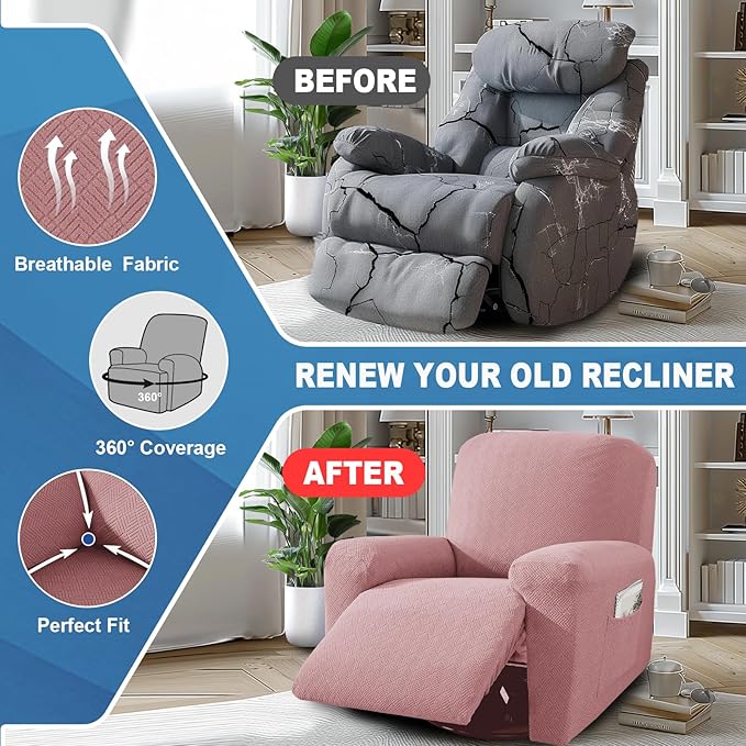 JIVINER 3 Piece Oversized Recliner Covers for Large Recliner with Pockets Stretch Jacquard Lazy Boy Reclining Couch Cover Soft Furniture Couch Protector with Elastic Bottom (1 Seater-XL, Dusty Pink)