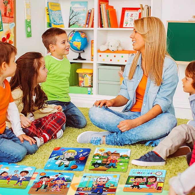 SANNIX 12 Pack Wooden Jigsaw Puzzles for Toddlers, Characters Puzzles for Kids Party Favors, Educational Puzzles Learning Travel Toy with 12 Organize Bags