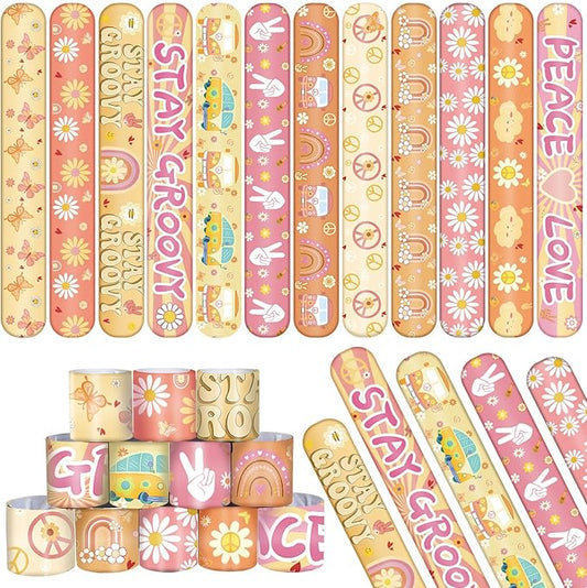 60 Pieces Groovy Slap Bracelets Hippie Boho Wristbands Daisy Flower Peace Rainbow Butterfly and Love Bracelets for 60s 70s Groovy Party Favors Gifts Birthday Party Supplies Decorations