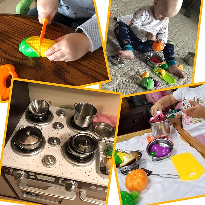 35 Pcs Kitchen Pretend Play Accessories Toys,Cooking Set with Stainless Steel Cookware Pots and Pans Set,Cooking Utensils,Apron,Chef Hat,and Cutting Play Food for Kids,Educational Learning Tool