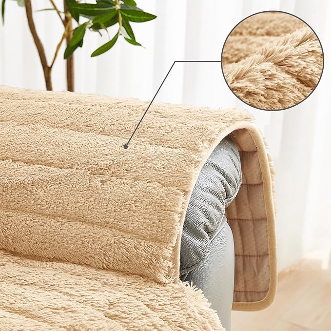 RBSC Home Plush Recliner Slipcover 23 Inches Beige Chair Covers Artificial Wool Lazy Boy Cover Quilted Cover for Recliner Chairs and Furniture Soft Warm