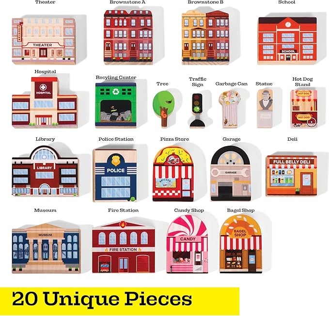 20 Pc Wooden City Play Set - Wooden Town Buildings and Street Signs for Play Mats, Toy Cars and Trains - Educational Preschool Track Accessories - Community Helpers Stacking Blocks Learning Toddler
