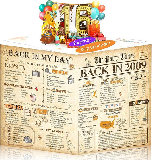 16th Birthday Card for Girls Boys, 3D Pop Up 16th Birthday Gifts Cards, Happy 16 Birthdays Decorations for 16 Year Old Son Daughter, Funny Back In 2009, Classy Vintage